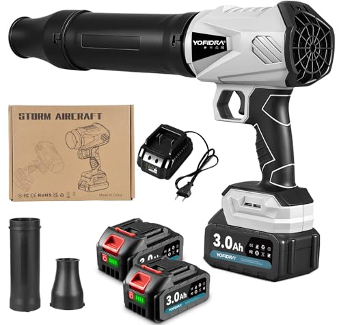 Yofidra Turbo Gebläse - Akku-Laubbläser mit 2×3.0Ah Akkus und Ladegerät, 29.000 U/min Bürstenloser Motor, Luftmenge 680m³/h, für die Terrassenpflege, Garage und Schnee
