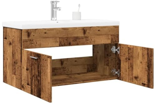 Zeehear Tvättställsskåp med inbyggt handfat, återvunnet träutseende, 90 x 38,5 x 46 cm, trämaterial, keramik, flytande, för badrum, gott om förvaringsutrymme, lättskött