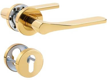 SORWDUERM 2 paia Maniglia per porta PVD Oro, Acciaio inossidabile opaco, Serratura con maniglia per porta d'ingresso e porta interna, Forma a L, Rosetta rotonda, PZ - Cilindro profilo/europeo.