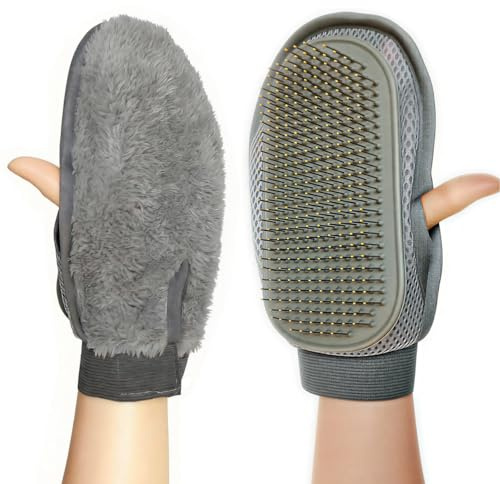 Guanto Spazzola Cane e Gatto 2 in 1 Reversibile, Guanto Toelettatura con Pin Acciaio Inox e Pile per Bagno, Massaggio e Rimuovi Peli Animali Morti e Sottopelo, per Pelo Lungo e Corto, Grooming