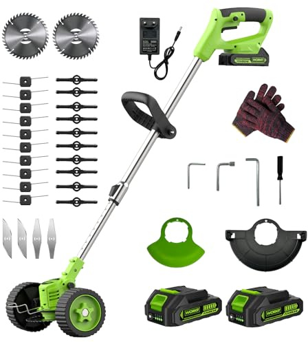 WORKIT 800W Akku Rasentrimmer mit Rädern, 3-in-1 Freischneider Akku & Rasenmäher-Modus, inkl. 2x 2,0 Ah Akkus, rückenschonender Teleskopstiel, akku rasentrimmer für Dickicht, rasentrimmer mit akku Set