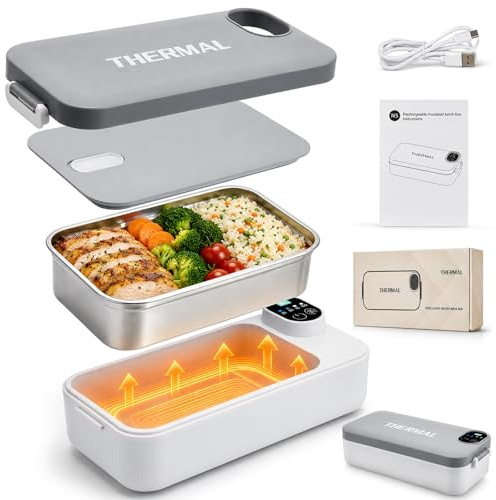 VeftBltrem Elektrische Lunchbox mit 7200mAh Akku, 900ml Thermo Lunchbox für Essen heiß, USB-C Heatbox Edelstahl, BPA-frei & Antihaft-Mehrweg-Bento-Box für Arbeit Reise,【Premium-All-in-one】