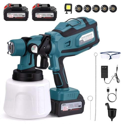 Pistola a Spruzzo,Pistola per Verniciare con Batteria da 21V con 3 Modalità di Spruzzo, Pistola Vernice a Spruzzo con 2x4000 mAh e Caricabatterie per Rrecinzioni, Pareti, Soffitti
