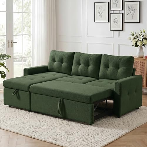 HIPIHOM 3-Sitzer-Sofabett, ausziehbares Schlafsofa mit Stauraum, Ecksofa, Gästebett für kleine Räume, Wohnzimmer, Teddy-Fleece (Dunkelgrün)