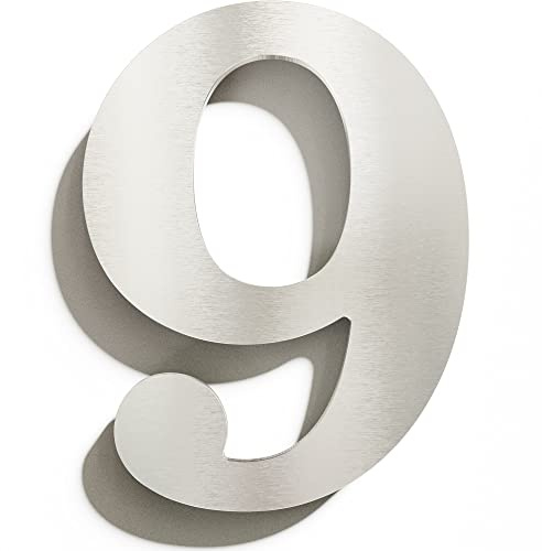 Edelstahl Hausnummer 9 - massiv, wetterfest & rostfrei - 14 cm groß - mit Befestigungsmaterial - Design Hausnummern-Schild gebürstet N-02-9-E