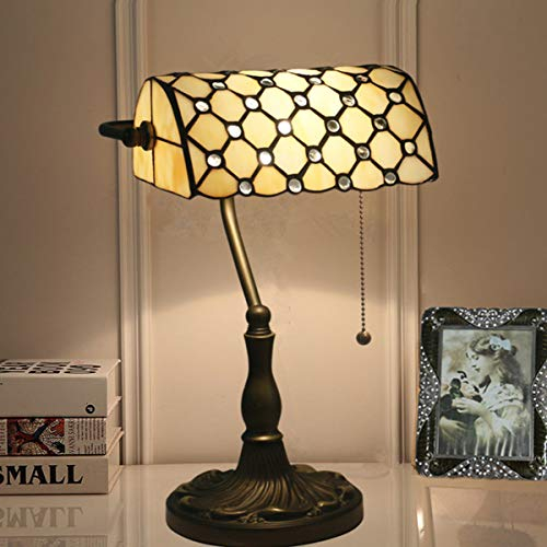 GDLight Vintage Mittelmeer Banker Lampe Tiffany-Art-Kristall-Korn-Buntglas-Tischlampe Zink-Legierung Basis Tischleuchten für Nacht Wohnzimmer Schlafzimmer Arbeitszimmer Lese,Gelb