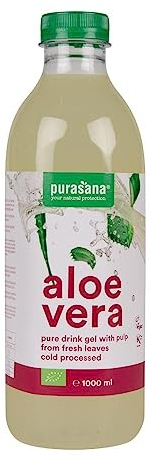 Puro Gel da Bere di Aloe Vera, Aloe biologica 99,3%. Gel estratto dall'interno della foglia. Polpa fresca. Non pastorizzato, senza acqua aggiunta. Digestione, sistema immunitario. 1 litro. Purasana