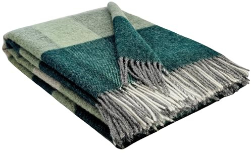 STTS International Wolldecke 100% Schurwolle Wohndecke in versch. Farben Tagesdecke Schurwolldecke Plaid 140 x 200 cm Tirol (Grün-Hellolive-Grau (Quadrate))