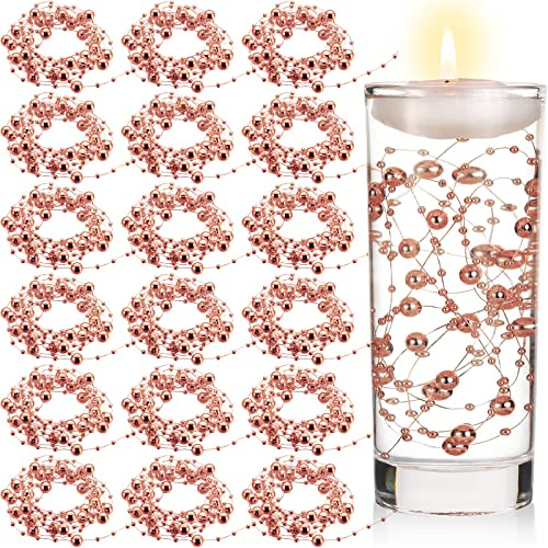 Hicarer 157 Feet 24 Strings Pearl String for Floating Candles Highlight Faux Pearl as Vase Filler Ideal for Wedding Party Garland Home Table Centerpieces Decor(Rose Gold)