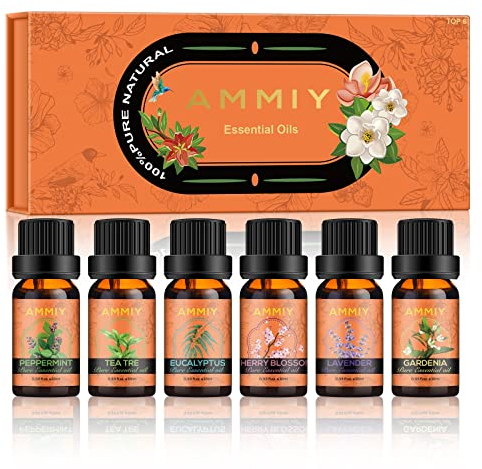 AMMIY Essential Oils Gift Set, Aromatherapy Diffuser Oils Natural, Diffuser Oils Fragrance Set 6*10ml, Aromatherapy Oil Fresh with Lavender, Gardenia, Cherry Blossom, Eucalyptus, Tea Tree, Peppermint