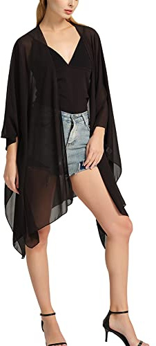 CuteSwan Women's Floral Print Chiffon Kimono Cardigan Loose Cover Up Casual Long Boho Sheer Cardigans Plain Black