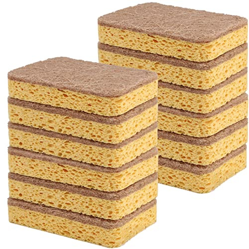 Yolaist 12 Pack Natural Dish Sponge Eco Friendly Kitchen Sponge Biodegradable Compostable Sustainable Living Scrubber Sponges for Dishes with Heavy Duty Scouring Pad , Brown