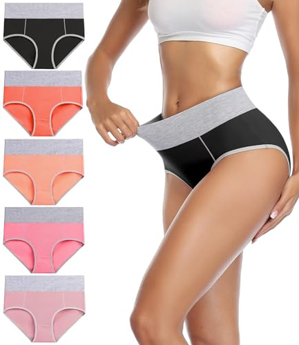 wirarpa Women's Cotton Underwear High Waist Stretch Briefs Soft Underpants Ladies Full Coverage Panties 5 Pack Black Red Orange Red Pink 5X-Large
