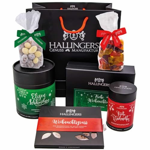 Hallingers Genuss Manufaktur Feinkost Weihnachts-Geschenk-Set - XXL-Geschenkkorb Süße Weihnachten großes Mitbringsel Pralinen, Schokolade, Fruchtsaftbärchen, Mandeln & mehr, Weihnachten für Frauen