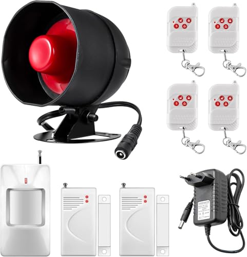 Alarmanlage Haus für Innen- und Außenbereich, Wetterfest, 115 dB Sirene mit Türfenstersensor, Bewegungsmelder und Alarm Fernbedienung, für Zuhause, Wohnung, Garage, Geschäft