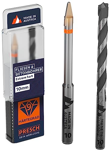 Presch Fliesenbohrer und Betonbohrer Set ⌀ 10mm | Feinsteinzeug Bohrer für Keramik, harte Fliesen, Porzellan und Glas | Profi Porzellanbohrer, Keramikbohrer inkl. passendem Betonbohrer und Box