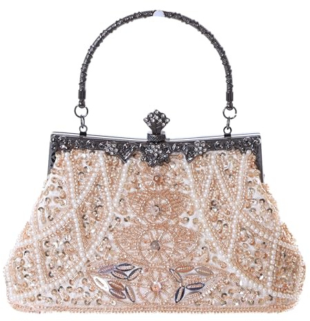 Kawaii-Story LB-8009-1 Beige Perlen Pailletten orientalisch Stoff Abendtasche Party Clutch Beutel Damen Tasche 16x22x7cm