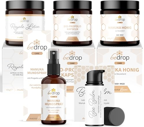 bedrop | Winter Care Set | Bee Balm, Propolis Kapseln, Royale Lotion, Manuka Honig 140g & Manuka Anis Spray für das Wohlbefinden