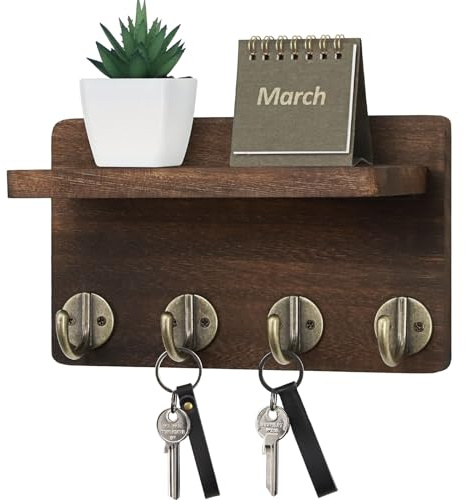 Nekon Key Holder Wall Mount, 8.5 Inch Small Home Decor Wooden Wall Organizer with 4 Hooks and Shelf, Wall Decor for Living Room Entryway Kitchen (Brown)