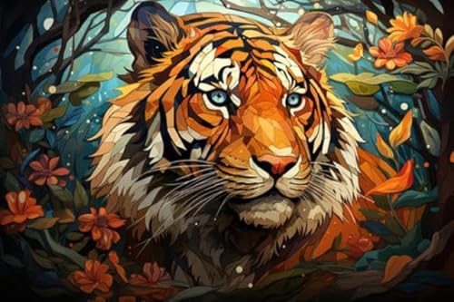 adrium Holz-Bild 60 x 40 cm: Tiger im Buntglas-Stil, Illustration, generative KI (208411490)