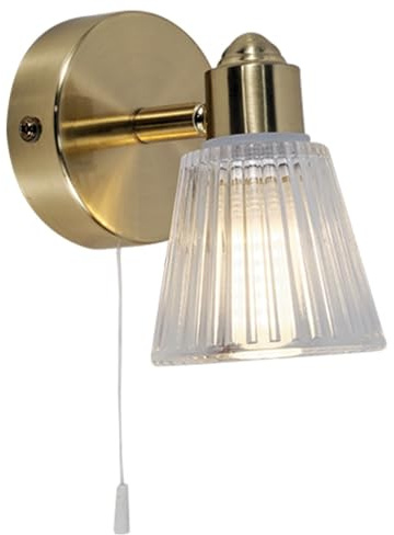 Britalia Satin Brass & Clear Ribbed Glass Bathroom Vintage 1 Lamp Switched Wall Light | 12.5cm Wide | IP44 Rating | 1 x G9 Lamp Bulb Required | 240V UK | Pull Cord Switch | Mirror Lighting