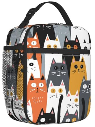 Mexpekil Linda Bolsa de Almuerzo Aislada con Caras de Gatos para Mujeres y Hombres, Lonchera Térmica Portátil, Bolsa de Picnic Refrigerante con Bolsillo de Malla Lateral, Lonchera para Adultos para el