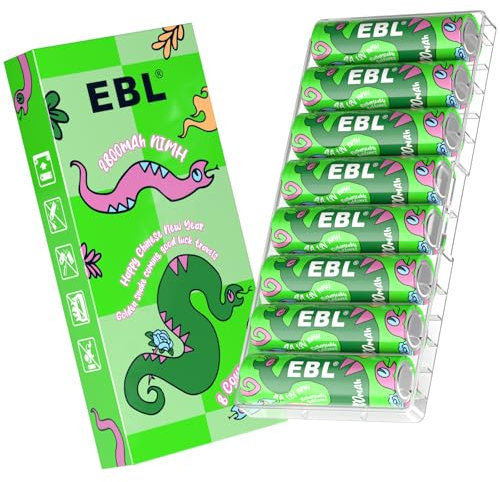 EBL 8 x AA Piles Rechargeables 2800mAh Piles Ni-MH Haute capacité, 1500 Tech Piles Rechargeable Faible autodécharge 1.2V (2025 New Year-Snake Series)