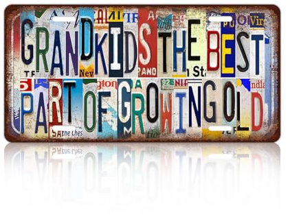 Vintage License Plate Wall Decor Grandkids The Best Part Of Growing Old Metal Tin Sign For Bar Home 12 x 6 Inches