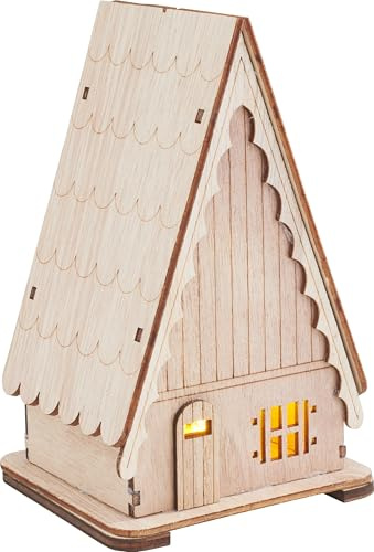 VBS Holzbausatz Dachhaus inkl LED 13 Teile 9.2x10.0x16.0 cm Warmweiß Leuchtfarbe Sperrholz Bausatz Steckmotiv Dekoration Bastelset