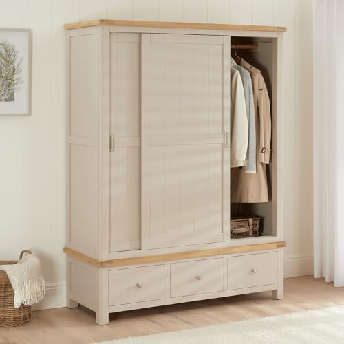The Furniture Market Marbury Putty Grey Painted | Large Sliding Double Wardrobe | Solid Wood with Drawers | Triple Wardrobe Size | Country Style | Adjustable Rail | H 1910mm x W 1460mm x D 570mm