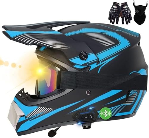 Motocross-Bluetooth-Helme, ECE-geprüft, Motocross-Helme mit Handschuhen/Brille/Maske, bequem und belüftet, sicher, geeignet für Motocross, MTB, Cross-Bike, BMX C,S55-56CM