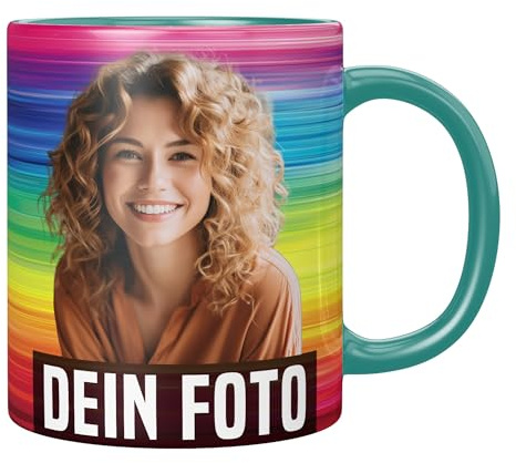 Personalisierte Tasse mit Foto, Tasse personalisiert mit Foto und Text – gedruckt in Deutschland (Türkis, Randloser Druck)