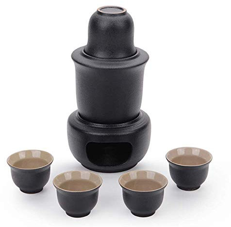 DDNGEJ Set di 7 Bicchieri da Vino in Ceramica Smaltata Nera con pentola scaldavivande e fornello a Candela per sakè/Shochu/tè Freddo/Caldo/Caldo. Il miglior Regalo: se