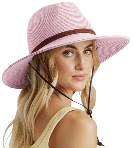 DRESHOW Damen Panama Hut Breiter Krempe Stroh Sommer Fedora Strohhut Panama Aufrollen Hut Strand Rollbar UV Sonnenhut UPF 50 +