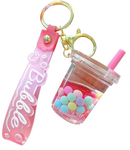 JTDZ Creative Milk Tea Pink Liquid Keychain acrilico in olio arcobaleno fagiolo sabbie mobili portachiavi chiavi auto ciondolo borsa per le donne, rosa, Etichettalia unica