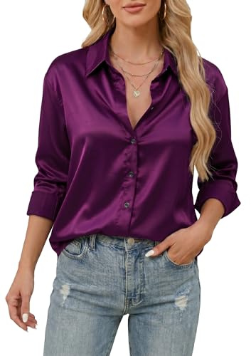 Stamain Camicia Elegante Blusa Donna Button Down di Raso Bottoni Camicetta Maniche Lunghe con Scollo a V Top Aderente in Tinta Unita