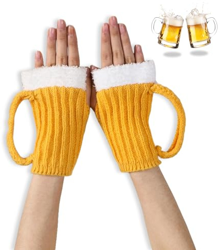 CharmBurst Fingerlose Armstulpen Damen, 3D Bierkrug Design für Oktoberfest, Weicher Strick Winter Handschuhe Ohne Finger, Stretch Stulpen für Bierfest und Herbstmode