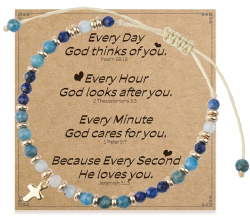 RIXERKOC Bracelet Croix Chrétien Femme, Bracelet Pierre Naturelle avec Pendentif Croix Or, Cadeaux Inspirants, Cadeaux pour Baptême Religieux Communion Pâques (Bleu)