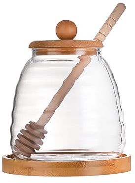 UPSTORE Tarro de vidrio para miel de 473.4 g con tapa de bambú y dispensador de ollas de miel, contenedor de almacenamiento de cocina para jarabe líquido