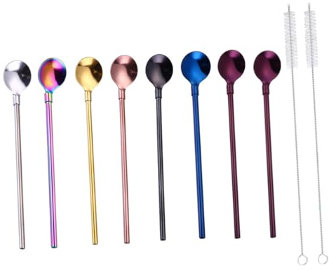 iplusmile 10 piezas Cuchara Pajita Acero Inoxidable Reutilizable con Cepillo Limpiador para Bebidas Helados y Batidos Apto para Fiestas y Uso Diario
