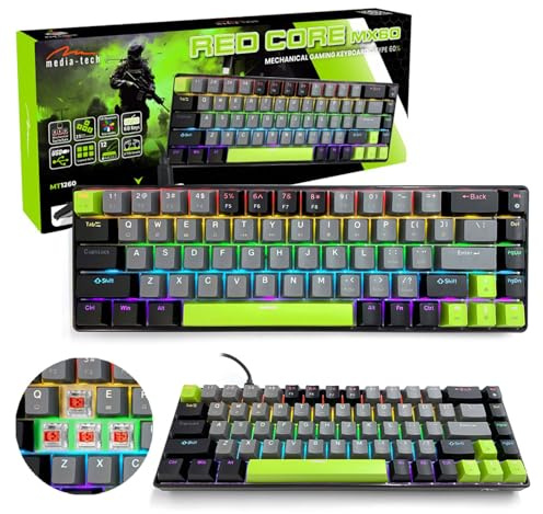 media-tech Teclado mecánico para Juegos 60 Red Core MX60 con interruptores Red RGB, 19 Efectos Anti-ghosting, 25 Teclas, 68 Teclas compactas, USB-C para Juegos de PC y e-Sports.