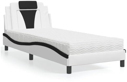 Bucmath Viana Sängram med madrass, 90 x 200 cm, konstläder, vit, svart, vågformsdesign, komfortskummadrass, H2, H3, sovrumsmöbelset