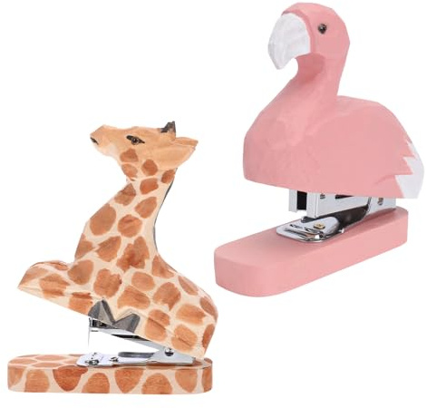 UTHCLO Lot de 2 Mini Agrafeuses Manuelles en Bois Massif Agrafeuses Animaux Flamant Rose et Girafe Outil D’Agrafage Compact pour Bureau et École Kawaii Décoratives
