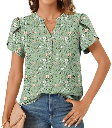 Bestbee Women's Summer Tops Casual Short Sleeve Blouses Chiffon Blouses Shirts, Trendy Ladies Tunics Dressy Clothing, Green Flowers, L