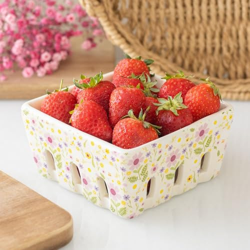 CHACH Ceramic Berry Basket with Daisy & Duck Print Ceramic Decorative Fruit Bowl Container, Farmhouse Kitchen Storage for Sweets Holding Special Bits, Bobs Kitchen Decor