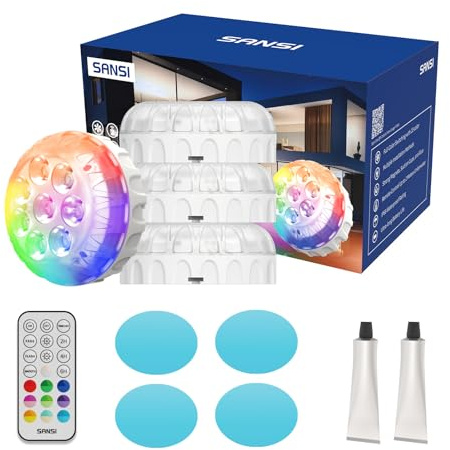 SANSI Pool Light with Remote Control, High Brightness RGB Hot Tub Light, IP68 Waterproof Submersible Led Light, Ultra-Long Battery Life, Magnetic or Suction Cup Mount for Pool,Pond,Fountain,4 Pack