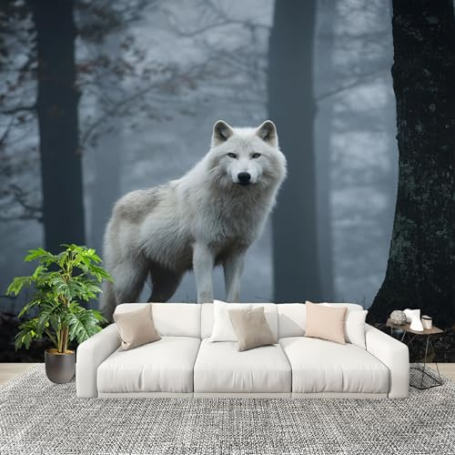 Animales Bosque Lobo Blanco Fotomurales Papel Pintado 200x140 cm Naturaleza Pintado Panorámico Tejido No Tejido Impermeable Decoración de Habitaciones y Salones Papel Moderna Efectos 3D