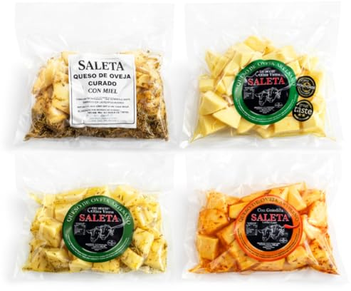 SALETA® Lote de Queso Artesano | Surtido de 4 Bolsas Queso Curado PreCortado de Oveja en Aceite de Oliva Virgen, con Romero, Miel y Guindilla | Sin Conservantes ni Aditivos | Pack Degustación 1 Kg