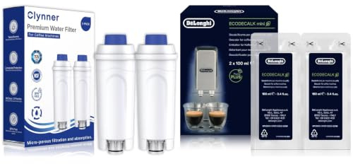 Clynner Wasserfilter (2er Pack) & Öko-Entkalker (2x100ml) Pflege-Set für DeLonghi Kaffeevollautomaten Magnifica S, Dinamica, Autentica, Eletta – Kompatibel mit DLSC002