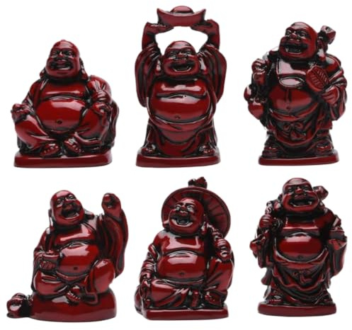 Garrrdenfurni 6 st Buddha-staty röd harts skrattande Buddha-figurer kinesisk Feng Shui dekor